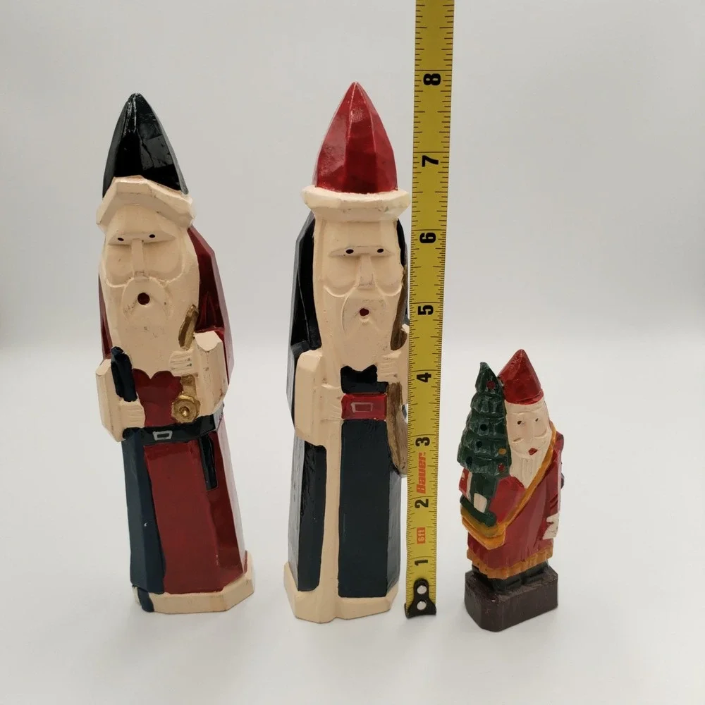 Vtg Hand Carved Wood Santa Claus Figures Lot 3 Folk Art Hand Painted Christmas